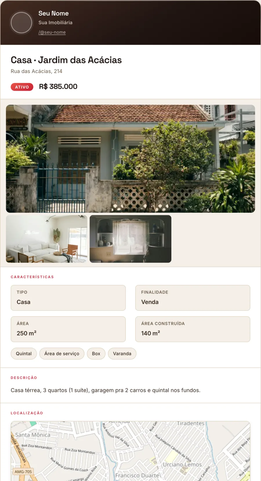 Ficha do imóvel em PDF: cabeçalho com o corretor, fotos da casa, características, descrição e início do mapa