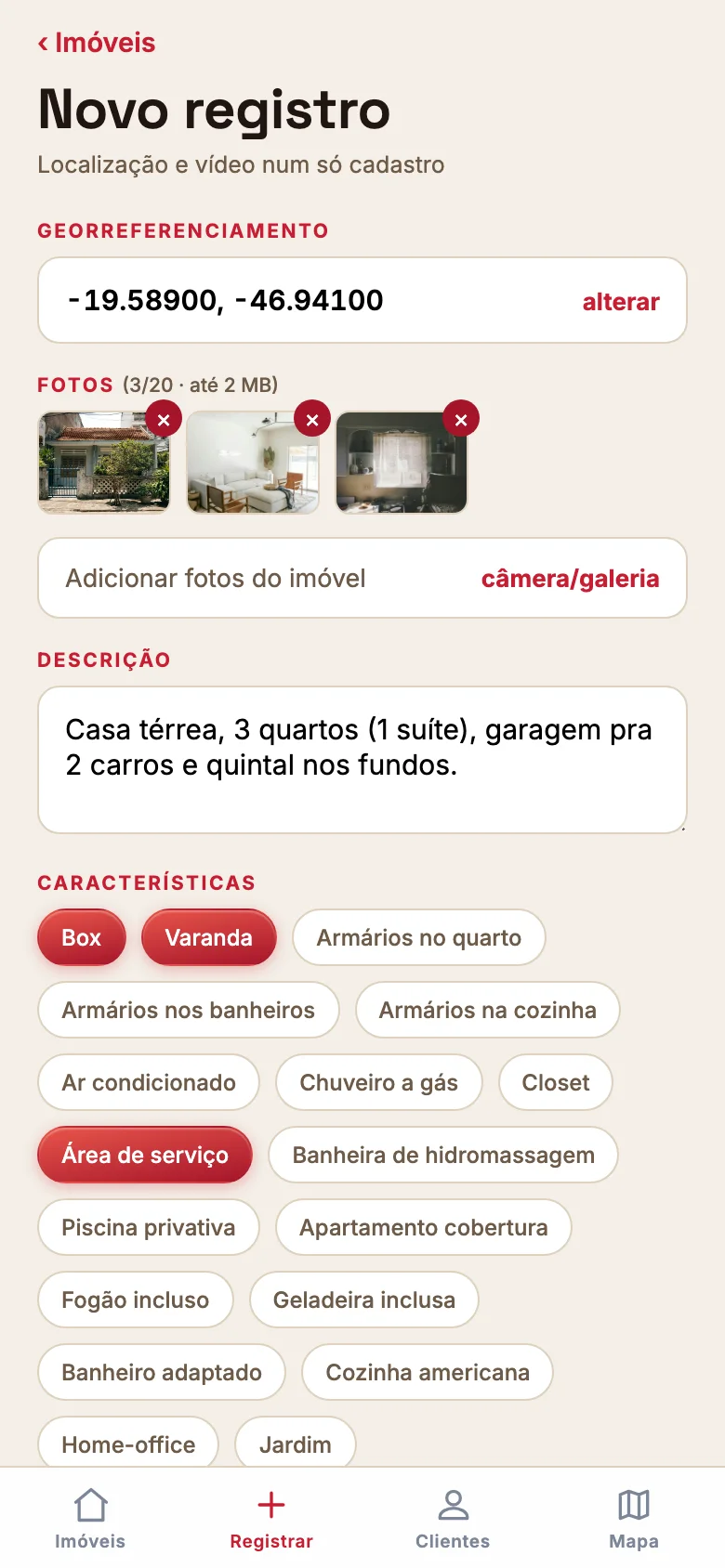 Cadastro no app: localização salva no mapa e 3 de 20 fotos do imóvel já adicionadas