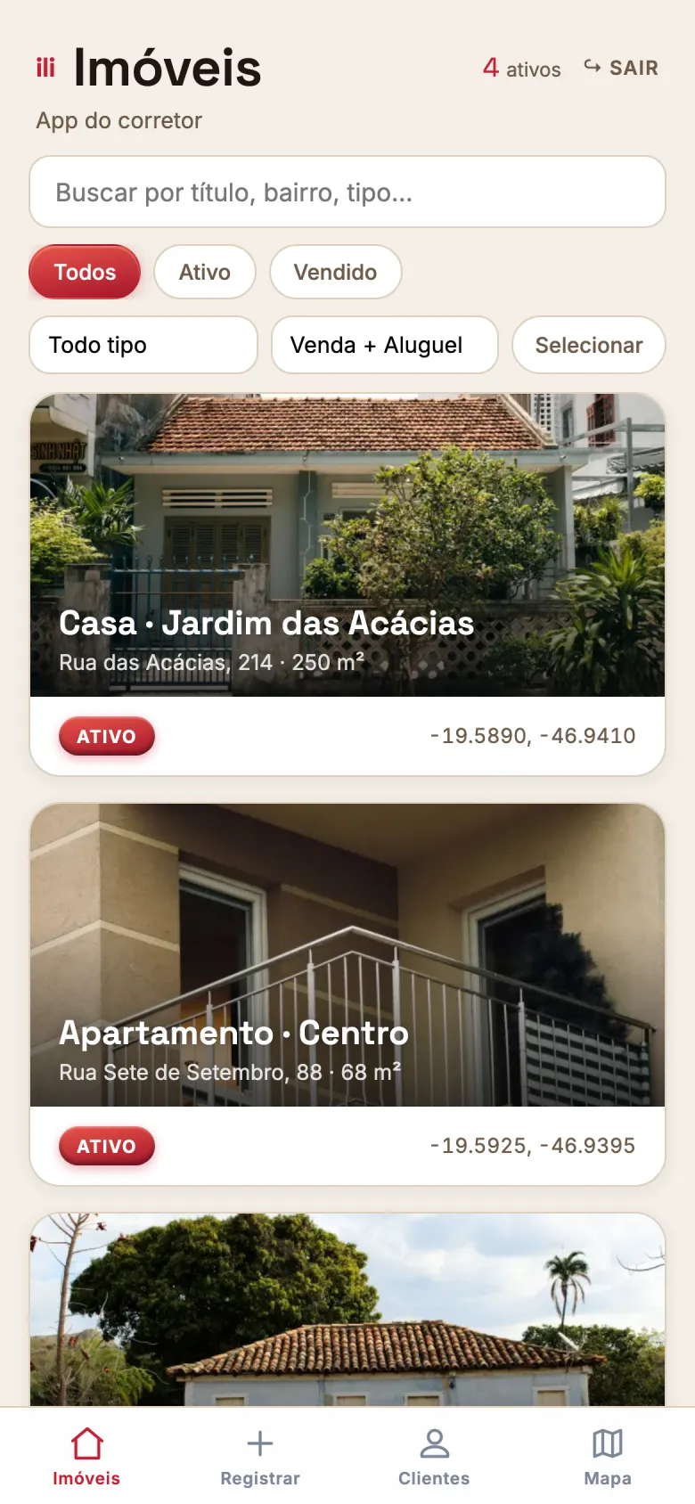 Carteira de imóveis no app, com busca, filtros e cards com foto