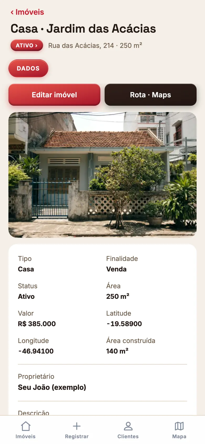 Detalhe do imóvel no app: foto da casa, tipo, finalidade, status, área, valor, localização, área construída e proprietário