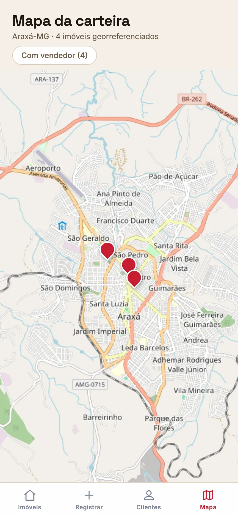 Mapa da carteira no app, com os imóveis marcados na cidade