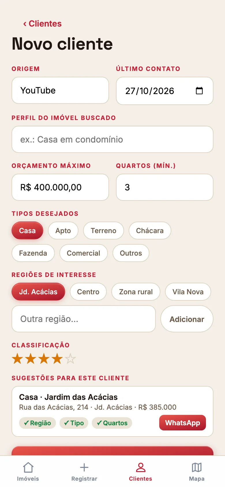 Cadastro da cliente: procura casa no Jd. Acácias até R$ 400 mil, e o app sugere a Casa Jardim das Acácias com botão de WhatsApp